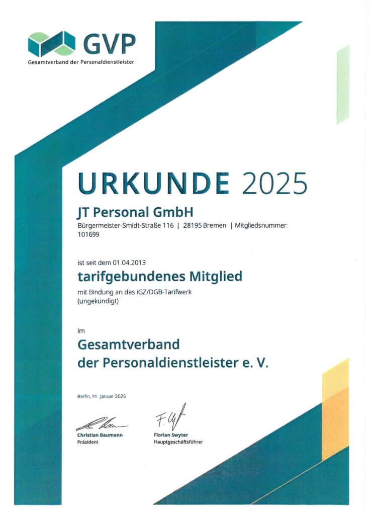 gvd jt personal Gesamtverband der Personaldienstleister e.V. Urkunde von JT Personal Personalvermittlung Bremen